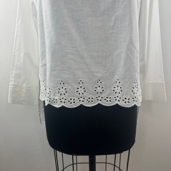 J.Crew White Tunic Top Cotton Scalloped Eyelet Funnel Neck High Low Hem Size 2 - Picture 4 of 14